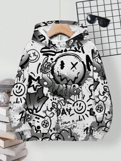 SHEIN sweat-shirt à capuche décontracté minimaliste avec motif de dessin animé, épaules tombantes, convient aux adolescents garçons, adapté pour l'automne/l'hiver