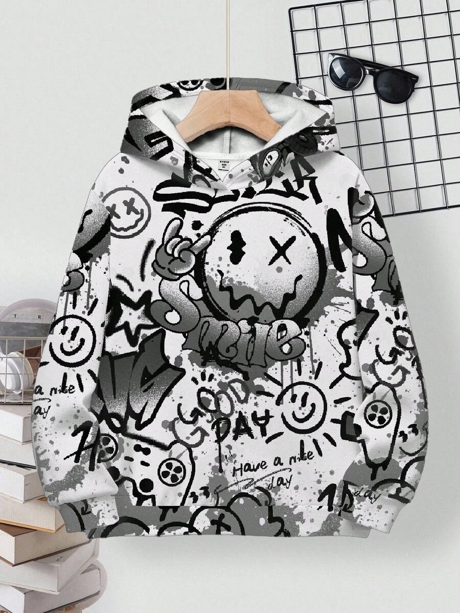 SHEIN Casual Minimalist Cartoon Pattern Dropped Shoulder Sweatshirt For Teen Boys, Suitable For Autumn/Winter Fall - Multicolor - View 1