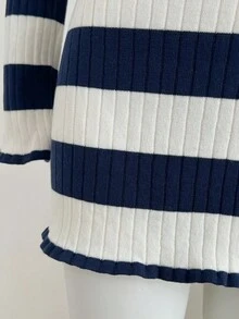 SHEIN Unity 女式休闲翻领蓝白条纹针织连衣裙，秋冬 - 藍白色 - 查看 6