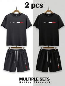 Manfinity Homme Multi-Piece Set Men's Fashion Versatile Short Sleeve + Shorts Set, Minimalist English Text Daily Wear, Round Neck Shorts Set, Multi-Piece Outfit