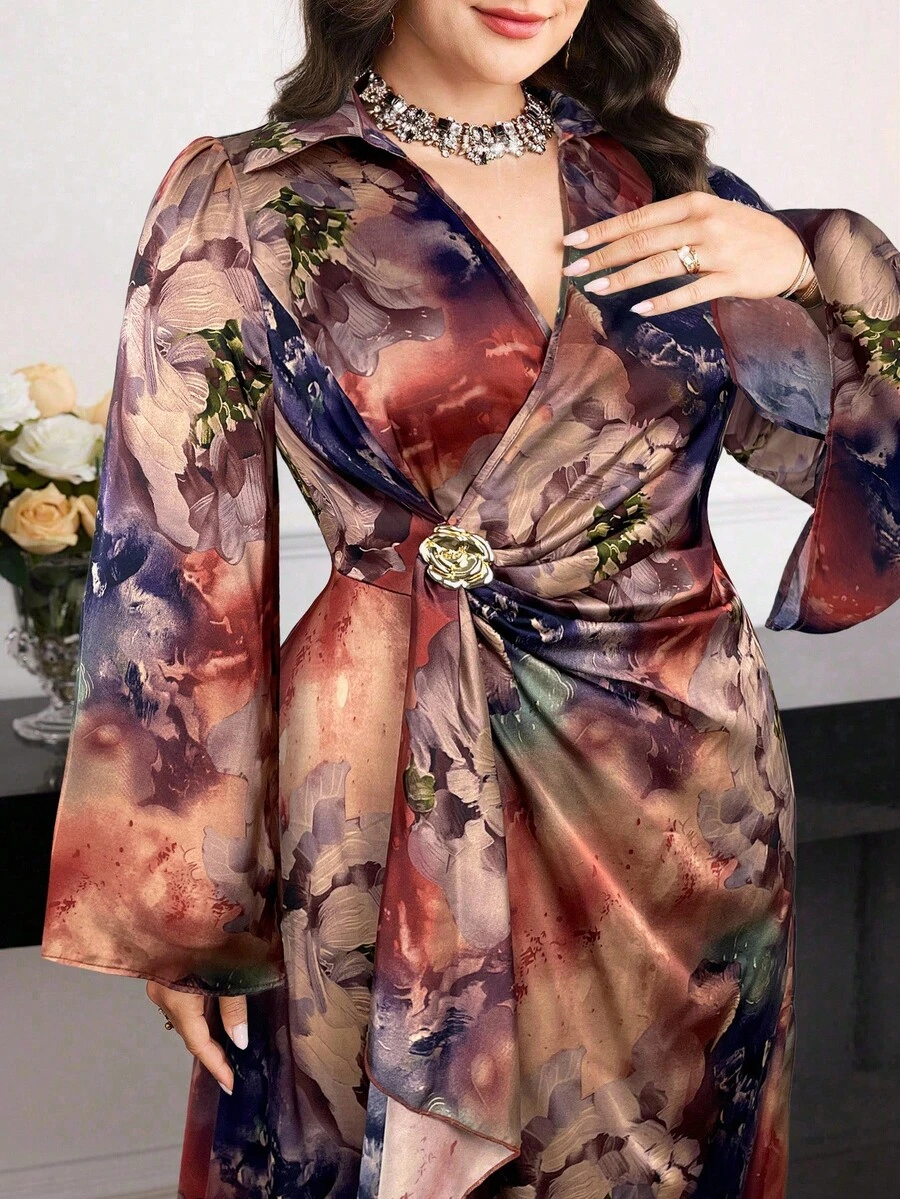 Modelyn 大码女式花卉印花褶饰设计3D花朵装饰长袖优雅连衣裙 - 棕色 - 查看 1