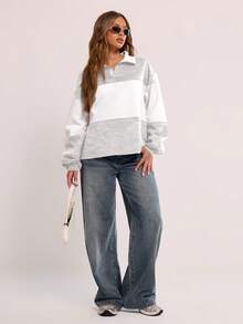 MUSERA Sudadera deportiva a rayas con cuello, para graduación, top para maestras, de vuelta a la escuela, casual de invierno a primavera - Gris Claro - Ver 4