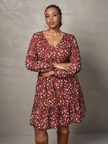 SHEIN Tall CURVE Plus Size Women Allover Print V-Neck Lantern Sleeve Ruffle Hem Casual Loose Dress - Orange - View 6