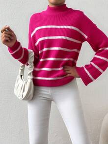 EURMUSE Striped Pattern High Neck Drop Shoulder Sweater - Red - View 3