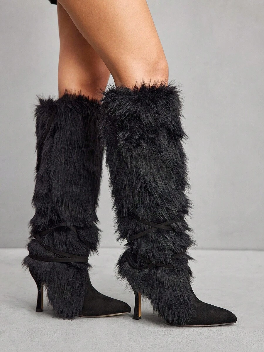 CUCCOO SZL 性感时尚奢华派对尖头细高跟仿皮毛衬里拉链黑色过膝长靴女款 - 黑色 - 查看 1