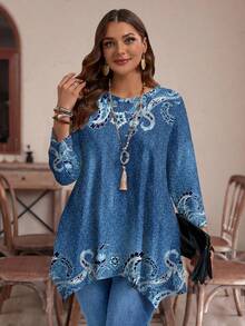 EMERY ROSE Plus Size Women Casual Asymmetrical Hem Round Neck Loose 3/4 Sleeve T-Shirt With Textured Cashew Flower Print - Blue - View 4
