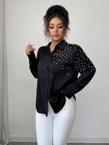 SHEIN Clasi Spring/Summer New Stylish Beaded Loose Long Sleeve Blouse, Black - Black - View 4
