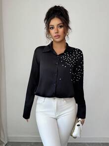 SHEIN Clasi Spring/Summer New Stylish Beaded Loose Long Sleeve Blouse, Black - Black - View 6
