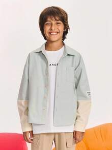 SHEIN Tween Boy Casual 2-In-1 Long Sleeve Shirt,Beige,Autumn,Streetwear,School,Back-To-School,Loose Lapel,Stylish Tag Fashionable Wear,Solid Color,Teenager - Mint Green - View 1
