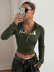 SHEIN Unity Women's Minimalist Print Hooded Long Sleeve Sweatshirt - Army Green - View 3