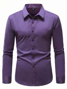 Manfinity Mode Camisa casual de manga larga con botones delanteros de unicolor para hombre, morado, otoño - Morado - Ver 3
