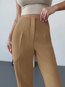 Firerie 女士优雅简约高腰口袋拉链修身杏色九分裤，适合通勤、办公室和日常穿着 - 卡其色 - 查看 3