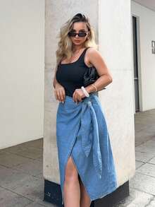 Jeta Ari Váy denim dài vừa phải thường ngày cho nữ, bó sát, màu xanh - Rửa trung bình - Xem 4