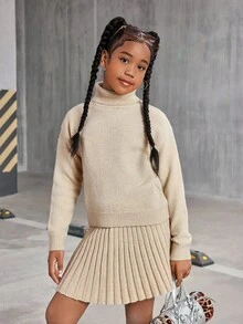 Setelan Kasual Anak Perempuan Remaja Warna Polos, Sweater Lengan Panjang Model Bahu Longgar dan Rok Mini Lipit, Musim Gugur/Musim Dingin - Navy Blue - View 1