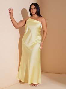 SHEIN BAE Váy cưới satin trơn màu vàng kem cỡ lớn, cổ khoét sâu hở lưng, buộc dây, sang trọng cho khách dự tiệc cưới, kỳ nghỉ ở bãi biển - Màu vàng - Xem 3