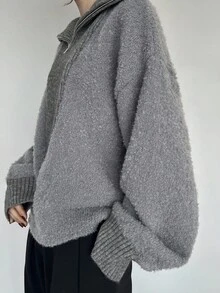 FRIFUL Women's High Neck Half-Zip Contrast Color Patchwork Loose Ribbed Knit Sweater, Warm & Thick - Grey - View 5