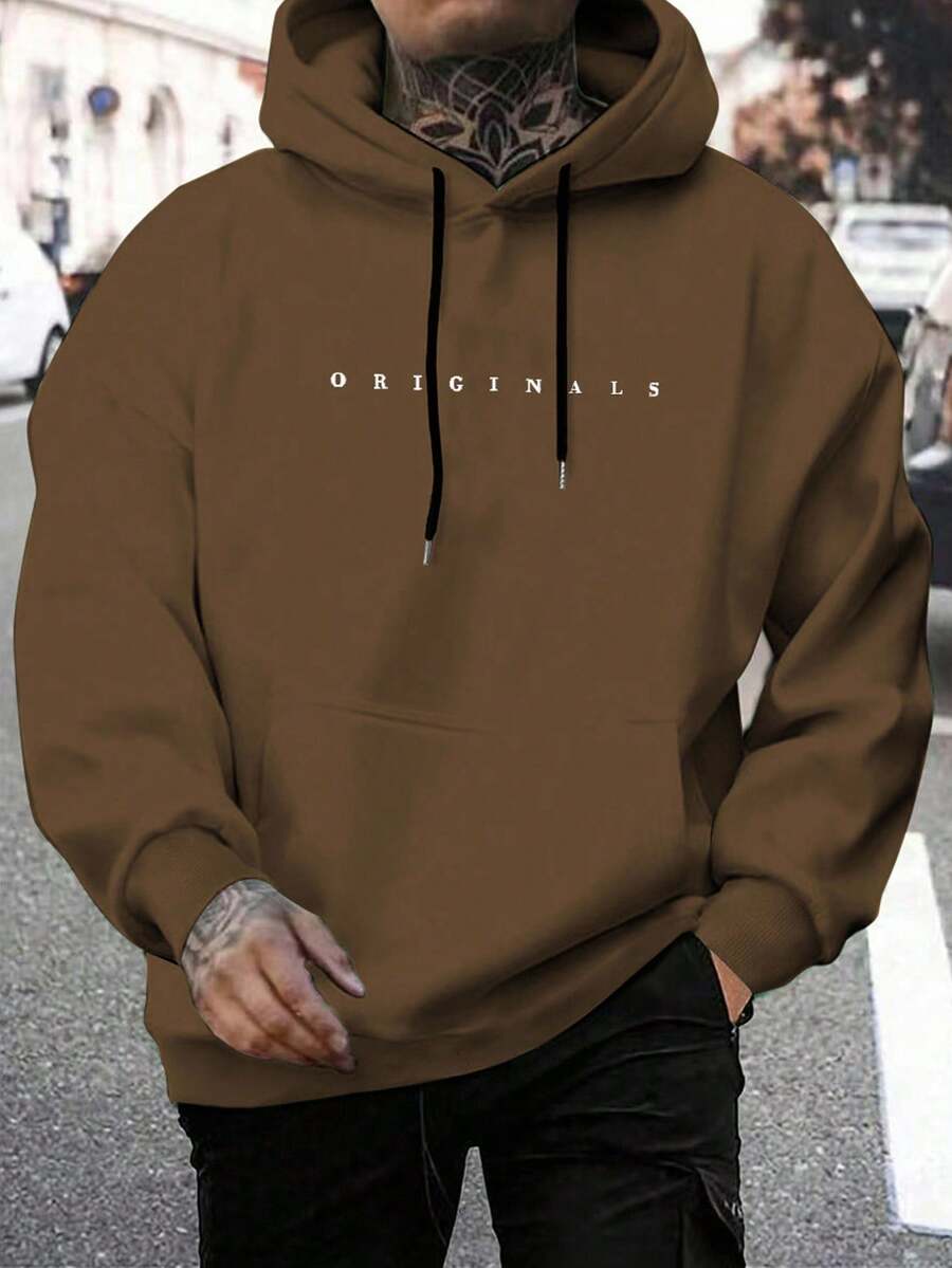 Manfinity Homme Men's Drawstring Dropped Shoulder Loose Casual Versatile Brown Hooded Sweatshirt, Fall