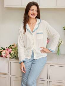 Snug Reverie 撞色蕾丝边纽扣前襟白色上衣和裤子休闲套装，秋季服装 - 白色 - 查看 6