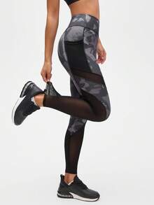 Eassivo Eassivo Women's High-Waisted Abstract Print Mesh Panel Sports Leggings, Black Camo Leggings, Mesh Legging With Phone Pocket, Leggings With Mesh Panels - Black - View 7