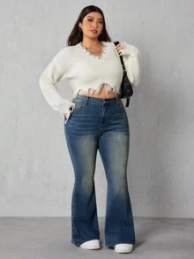 SHEIN ICON Quần jeans ống loe eo thon cổ điển cỡ lớn thời trang mùa hè cho nữ - Rửa tối - Xem 5