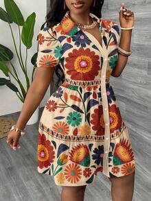 Slaydiva 休闲简约女式迷你连衣裙，适合夏季，适合度假，热带花卉印花，泡泡袖，伞裙，波西米亚风大码连衣裙，适合夏季 - 彩色 - 查看 5