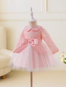 Glamorique Kids Đầm công chúa dễ thương cổ tròn tay dài phối ren lưới nhẹ thanh lịch cho bé gái, thích hợp cho tiệc sinh nhật 1 tuổi, ngày lễ, quà tặng sinh nhật - Màu Hồng baby - Xem 1