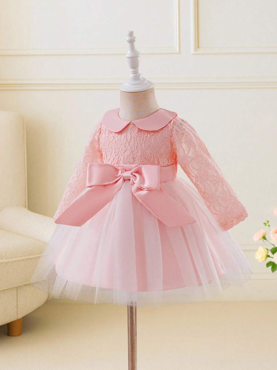 Glamorique Kids Đầm công chúa dễ thương cổ tròn tay dài phối ren lưới nhẹ thanh lịch cho bé gái, thích hợp cho tiệc sinh nhật 1 tuổi, ngày lễ, quà tặng sinh nhật - Màu Hồng baby - Xem 1