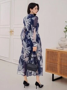 DAZY 女式花卉印花V领系带中长连衣裙，秋季 - 藍色 - 查看 2