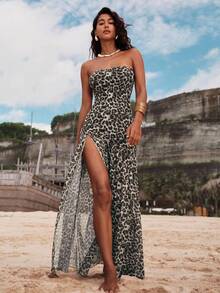 Opulessa Robe moulante en maille tricotée à imprimé léopard fendu pour femmes