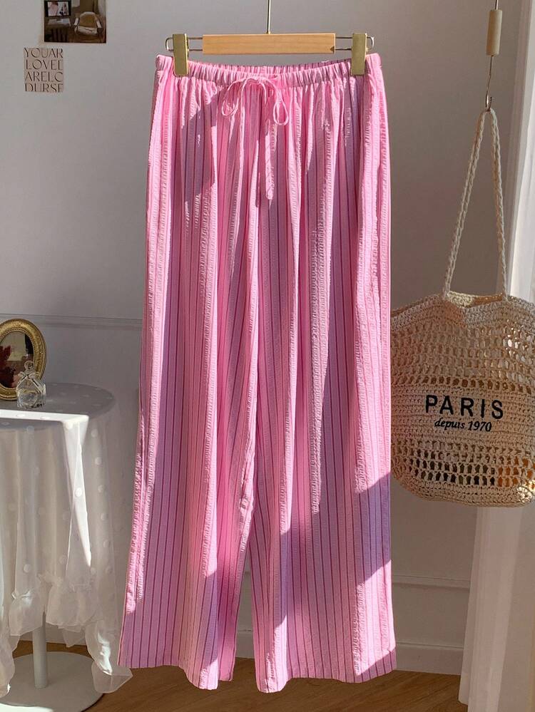 Comfortcana Comfortable Pink Striped Woven Fabric Pants With Adjustable Drawstring Waist,Fall Pink Bottoms For Women - Pink - View 4