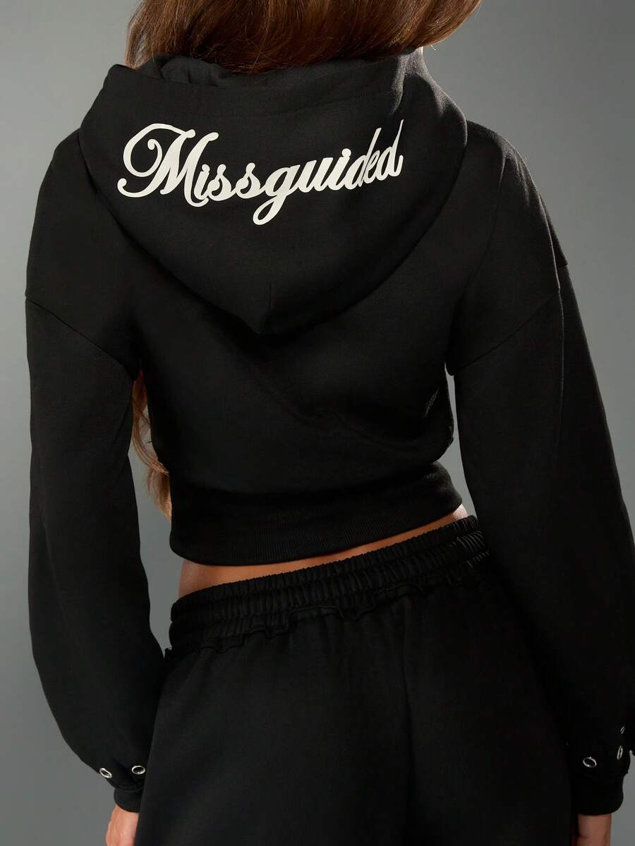 MISSGUIDED Full Zip Cropped Hoodie With Eyelet Detail And Drawstring For Casual Winter Wear - White - View 1