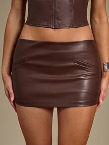 SHEIN BAE 女式纯色低腰 PU 皮革紧身迷你裙，性感时尚 - 咖啡棕 - 查看 4