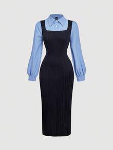 SHEIN MOD 学院风条纹海军蓝开衩中长连衣裙 - 藏蓝色 - 查看 2