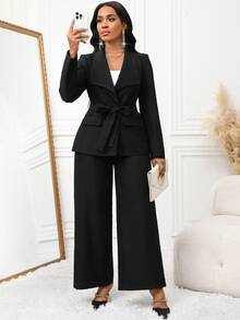 SHEIN Lady 女士优雅通勤纯色夹克和裤子两件套 - 黑色 - 查看 4