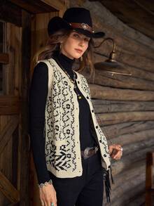 LanaWest Áo khoác cardigan dáng rộng, họa tiết chắp vá, có túi cài nút phía trước, phong cách du lịch thường ngày dành cho nữ, mùa thu/đông - Màu be - Xem 4