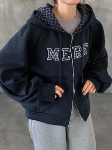 FRIFUL Women's Material Patchwork Plaid Patchwork Front Letter Embroidery Decor Loose Fit Thermal Lined Cropped Sweatshirt, Autumn Jacket Hoodie