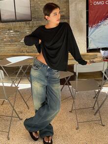 Livesso 女士纯色休闲宽松日常搭配上衣，秋季衣服长袖女上衣 - 黑色 - 查看 7