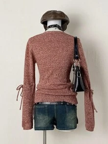 EgrlEra 女士纯色圆领蝴蝶结装饰长袖休闲毛衣，秋季 - 橘色 - 查看 2