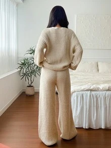 DAZY 女士简约针织宽松家居服套装，冬季睡衣，舒适套装，秋季服装 - 杏色 - 查看 2