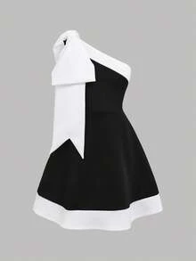 Pitira 少女黑白撞色露肩大蝴蝶结装饰派对礼服，伴娘礼服，优雅正式晚宴婚礼宾客礼服，适合毕业典礼、晚宴、春节、圣诞节、万圣节、秋冬季单肩连衣裙，女童黑白吊带派对礼服 - 黑與白 - 查看 6