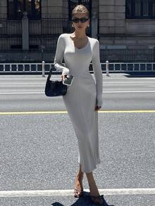 DAZY Vestido de mujer de unicolor con cuello en V y pliegues, de longitud media, para otoño - Gris - Ver 3
