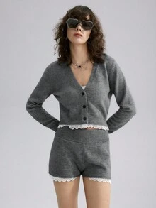 2件蕾丝边短款开衫和针织短裤套装 - 灰色 - 查看 6