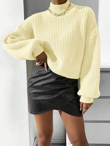 RosyDaze Women's Solid Color High Waist Drop Shoulder Long Lantern Sleeve Loose Casual Pullover Sweater Butter Yellow Sweater Puff Sleeve Sweater Women Sweater Winter Sweater Yellow Sweater