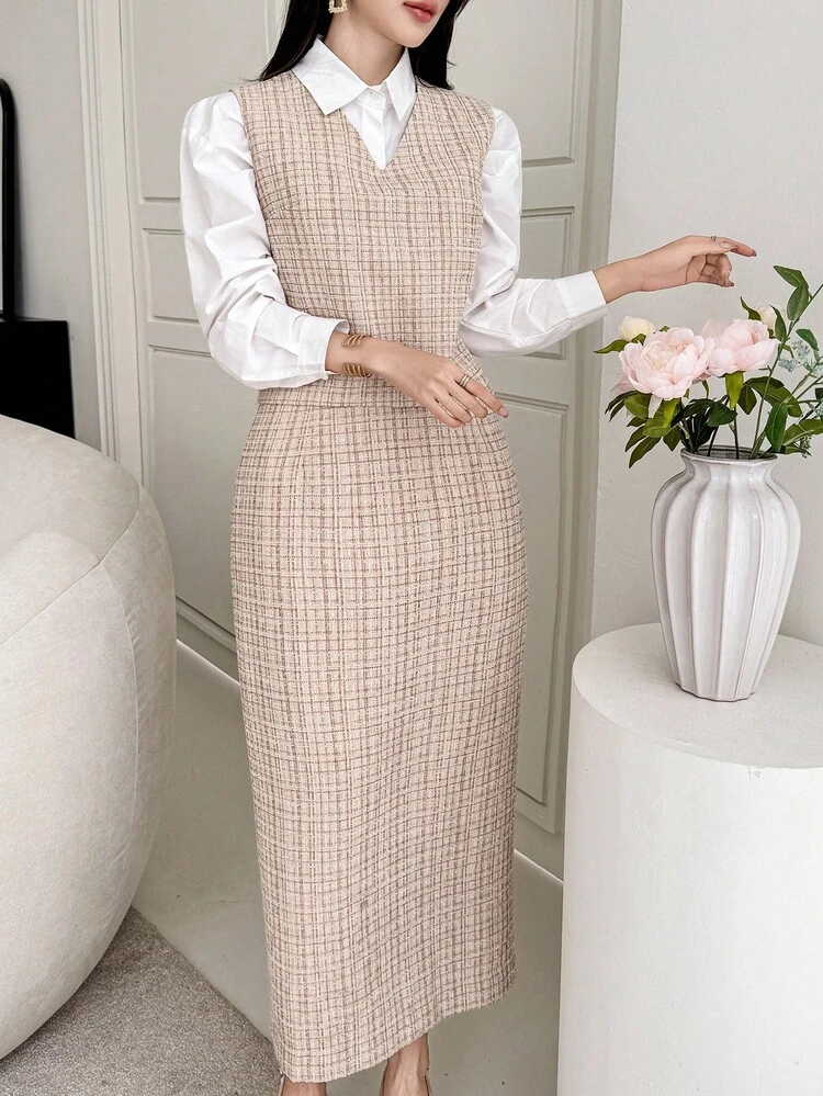 Women's Elegant Patterned V-Neck Vest And Skirt 2 Pieces Set, Autumn Plaid