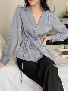 DAZY Elegant French Style V-Neck Tie-Waist Slim Fit Blouse For Mature Women Long Sleeve Top