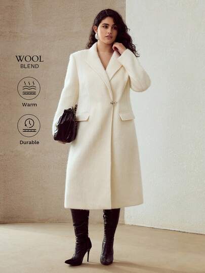 MOTF PREMIUM ABRIGO DE MEZCLA DE LONGITUD MEDIA CON DECORACIÓN DE HEBILLA METÁLICA EN EL CUELLO Y LA CINTURA, ESTILO ELEGANTE DE LANA PARA TALLAS GRANDES, OTOÑO/INVIERNO