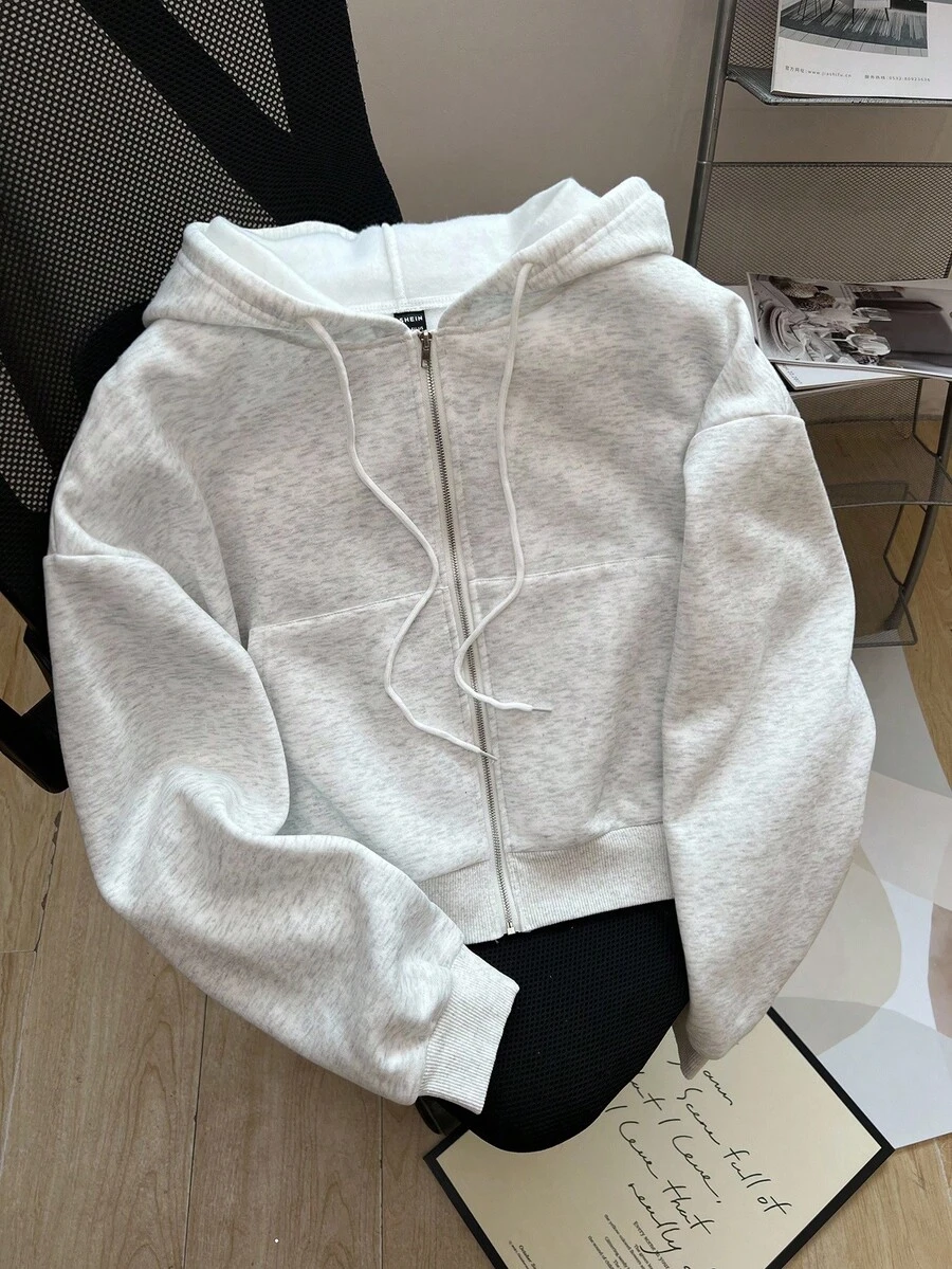 INAWLY Sudadera casual con capucha con cordón, de unicolor y manga larga con cremallera, para otoño/invierno - Gris - Ver 1