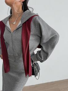 灰色拉链连帽夹克和高腰 A 字裙休闲运动装，秋季 - 灰色 - 查看 5