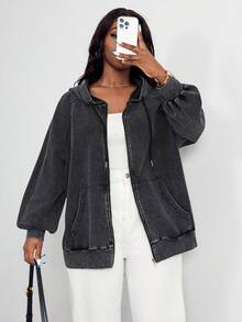 SHEIN PETITE CURVE Áo khoác nỉ cotton dáng rộng, chất liệu cotton, kiểu dáng cổ điển, có khóa kéo, phù hợp cho mùa thu/đông. - màu đen - Xem 4