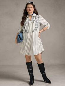 Zelara Vestido de talla grande casual con rayas, bordado floral para uso diario